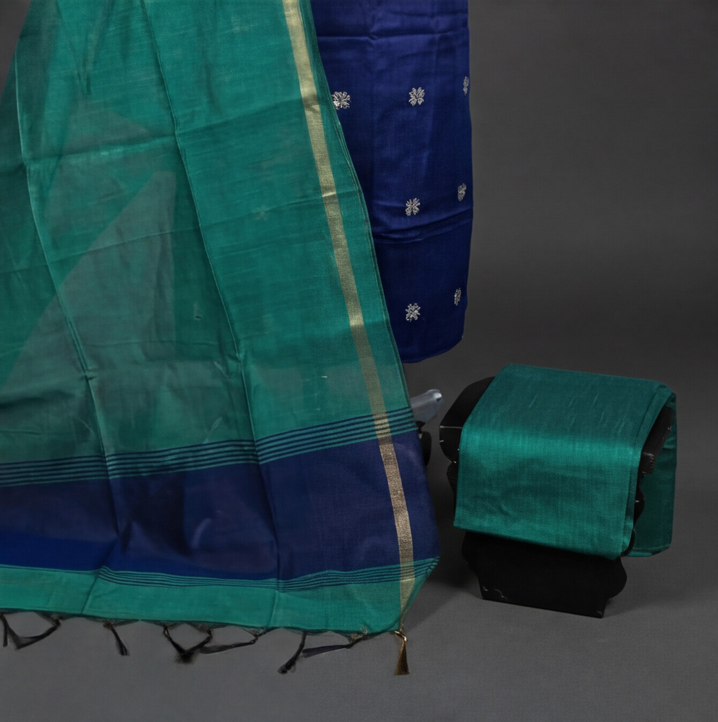Raw Silk Motif Chudi Material - Royal Blue & Sea Green