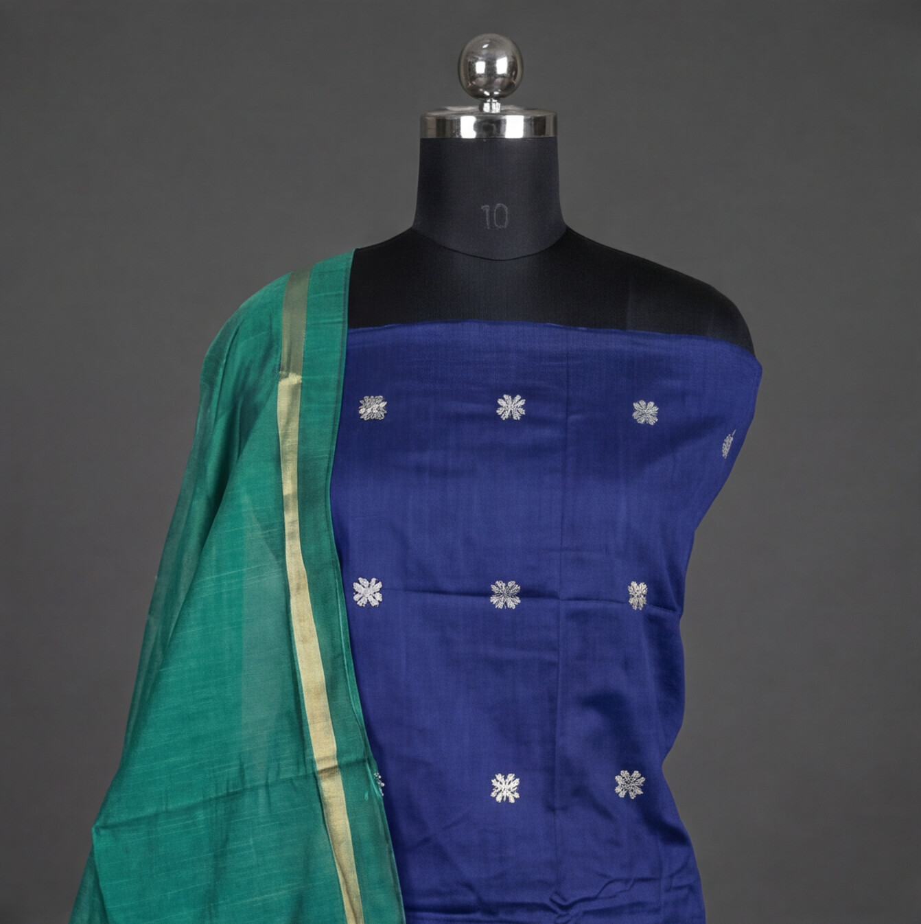 Raw Silk Motif Chudi Material - Royal Blue & Sea Green