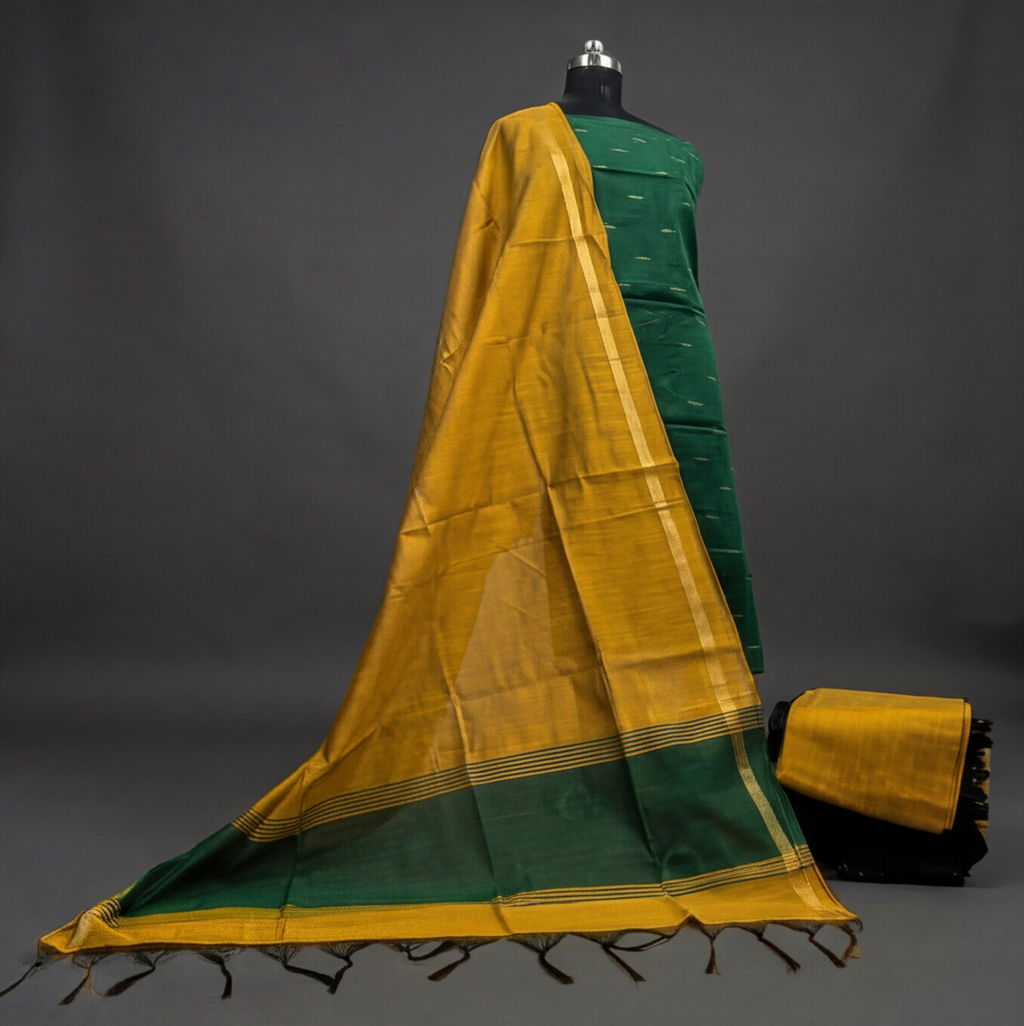 Raw Silk Motif Chudi Material - Emerald Green & Mustard