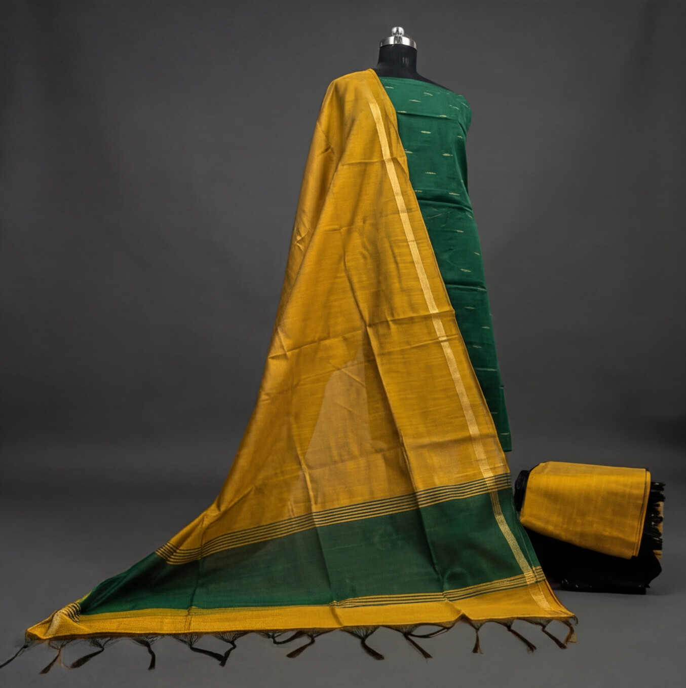 Raw Silk Motif Chudi Material - Emerald Green & Mustard