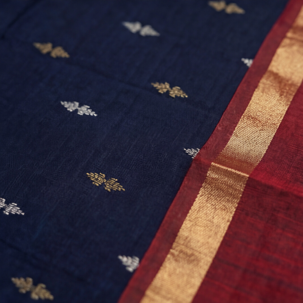 Raw Silk Motif Chudi Material - Navy Blue & Maroon