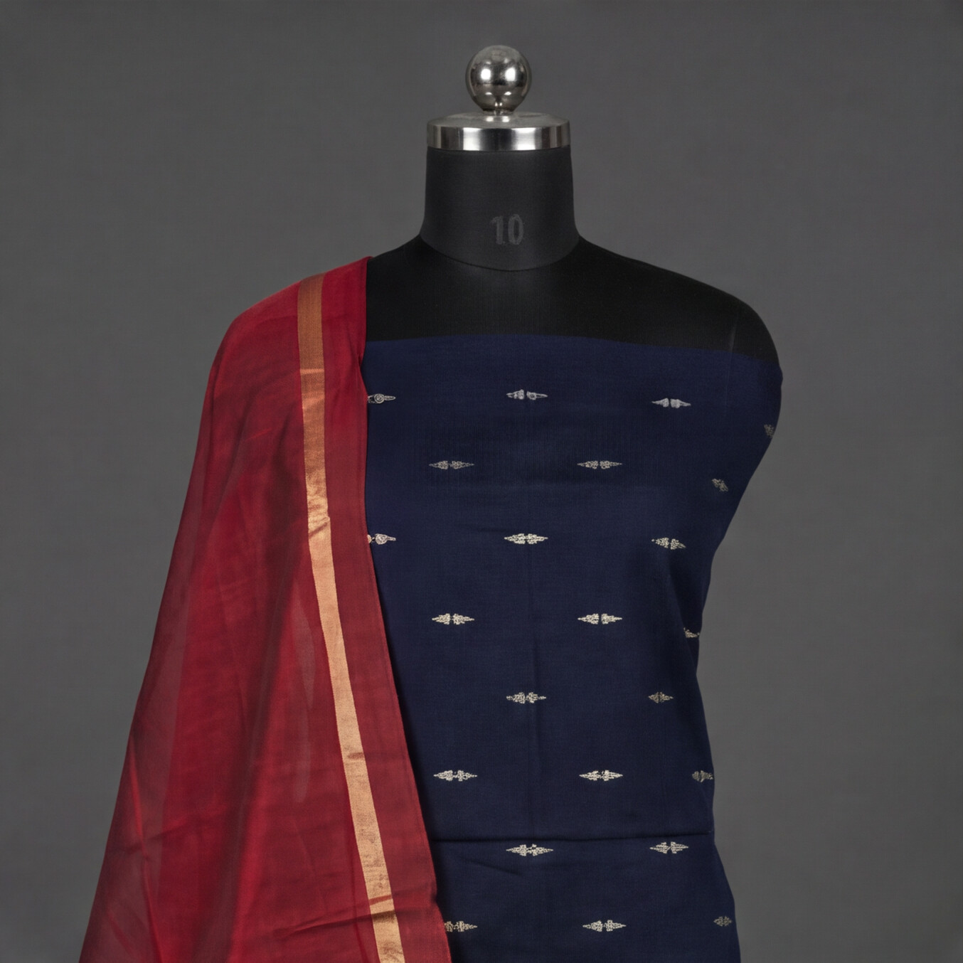 Raw Silk Motif Chudi Material - Navy Blue & Maroon