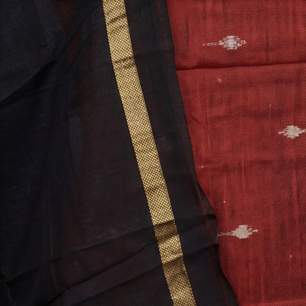 Raw Silk Motif Chudi Material - Brick Red & Black