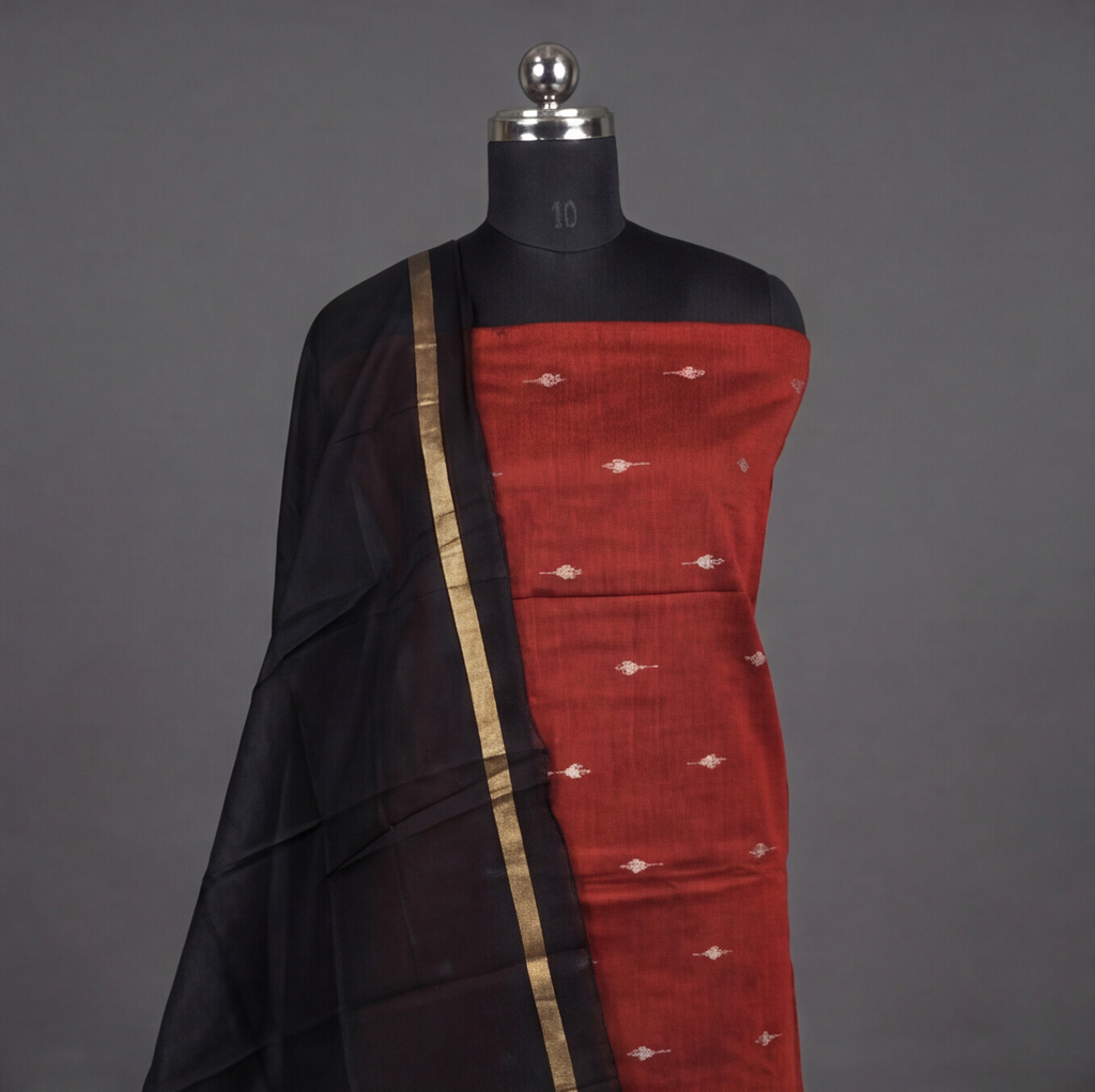 Raw Silk Motif Chudi Material - Brick Red & Black