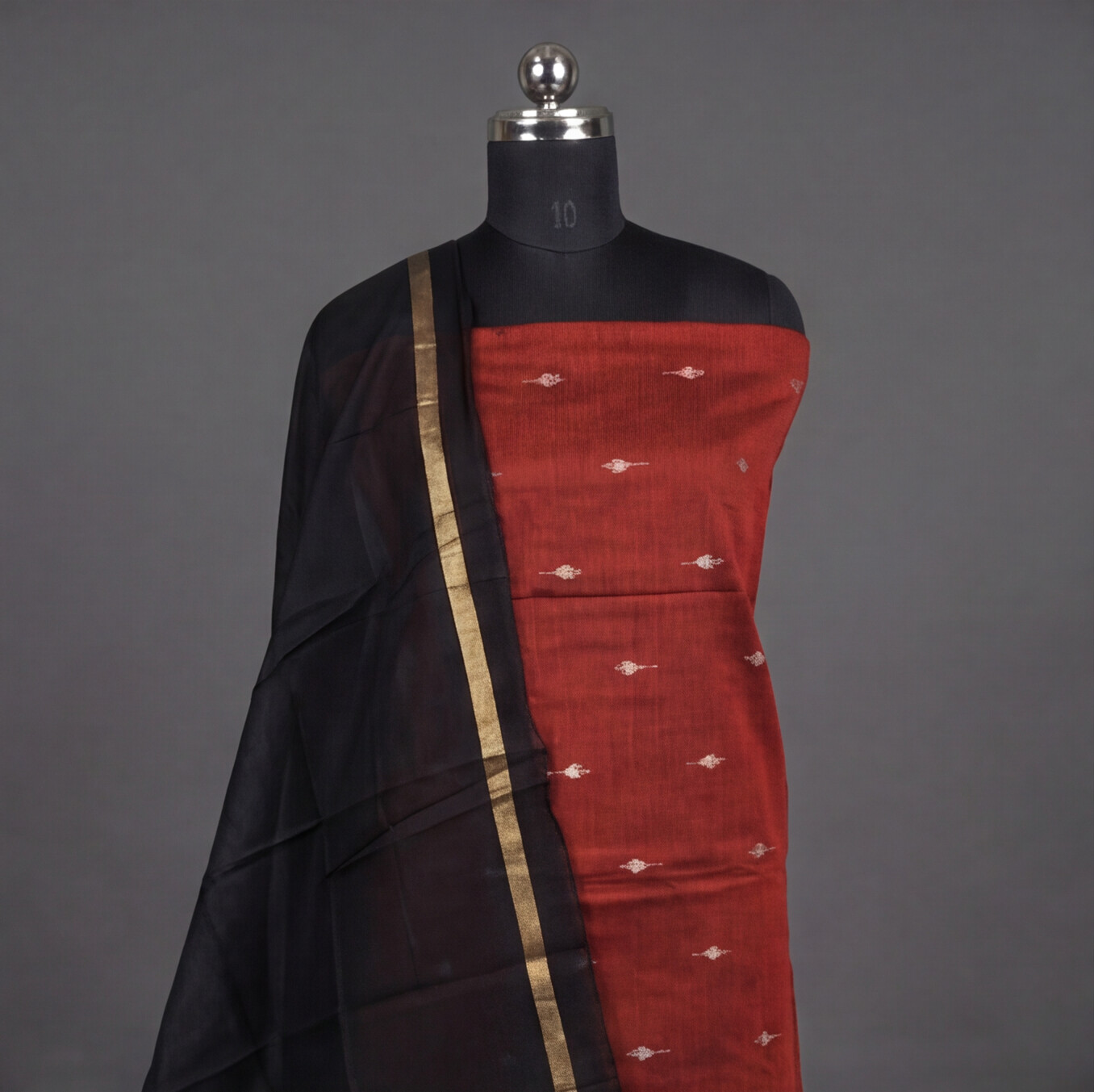 Raw Silk Motif Chudi Material - Brick Red & Black