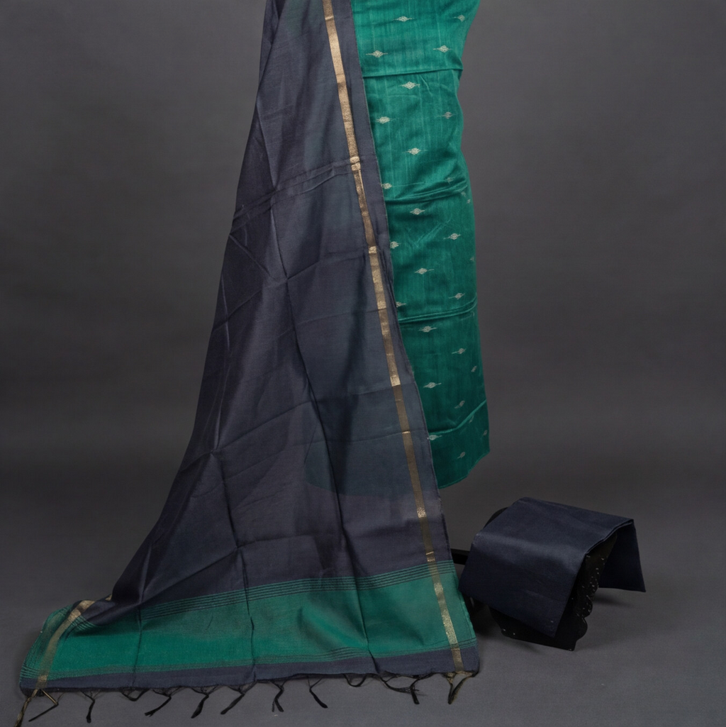 Raw Silk Motif Chudi Material - Teal Green & Charcoal