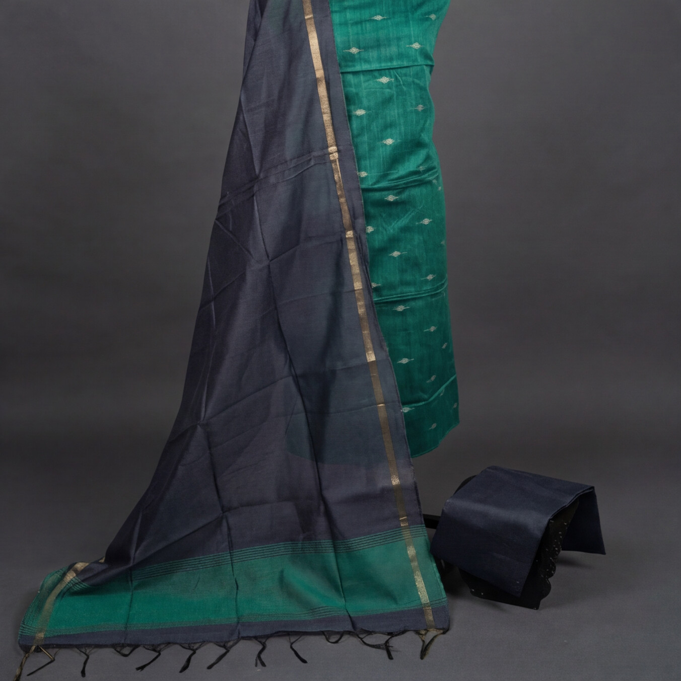 Raw Silk Motif Chudi Material - Teal Green & Charcoal