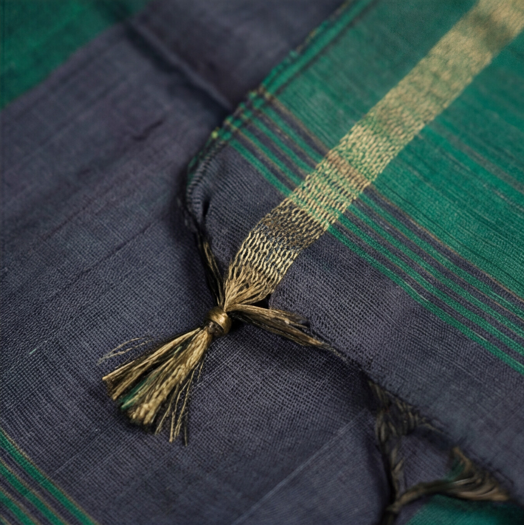 Raw Silk Motif Chudi Material - Teal Green & Charcoal