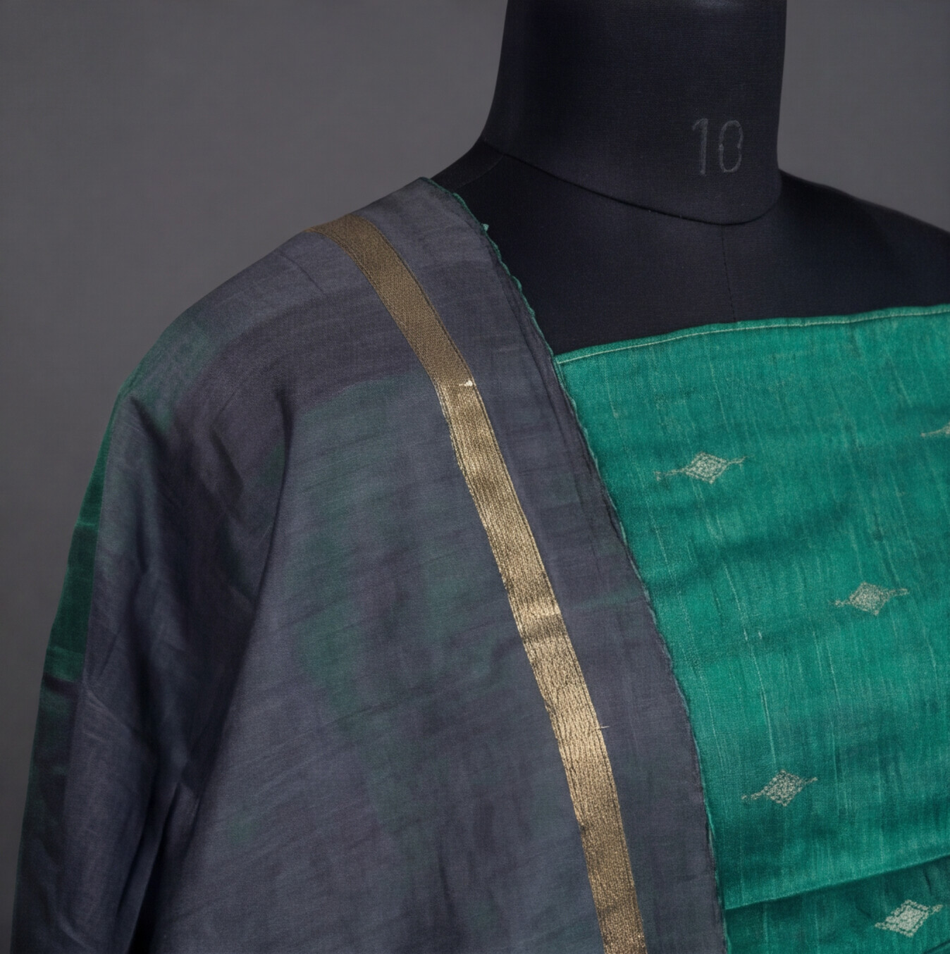 Raw Silk Motif Chudi Material - Teal Green & Charcoal