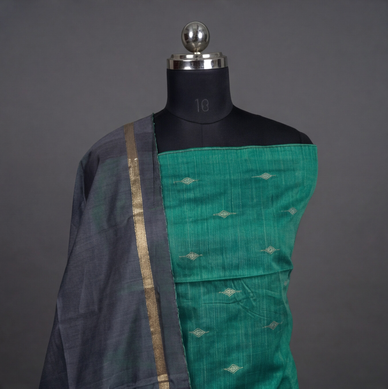 Raw Silk Motif Chudi Material - Teal Green & Charcoal