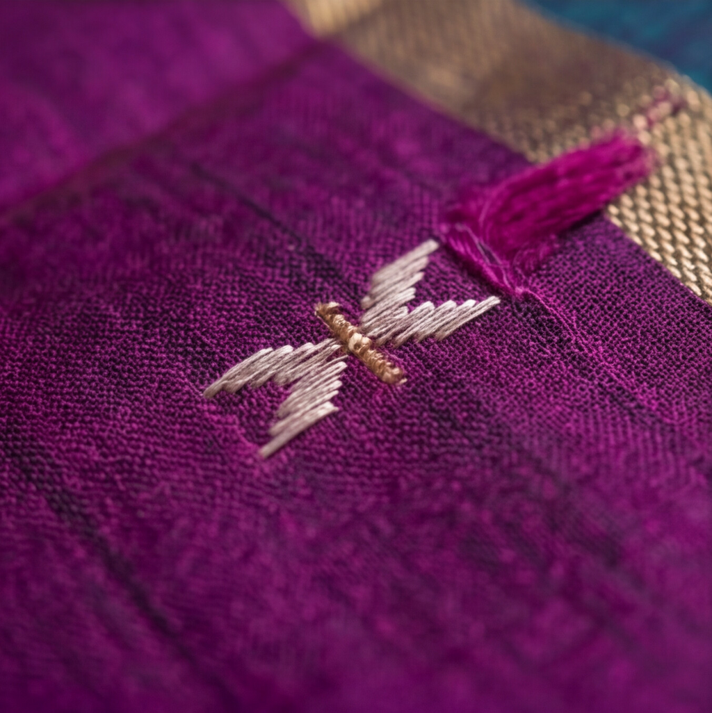 Raw Silk Motif Chudi Material - Magenta & Teal Blue