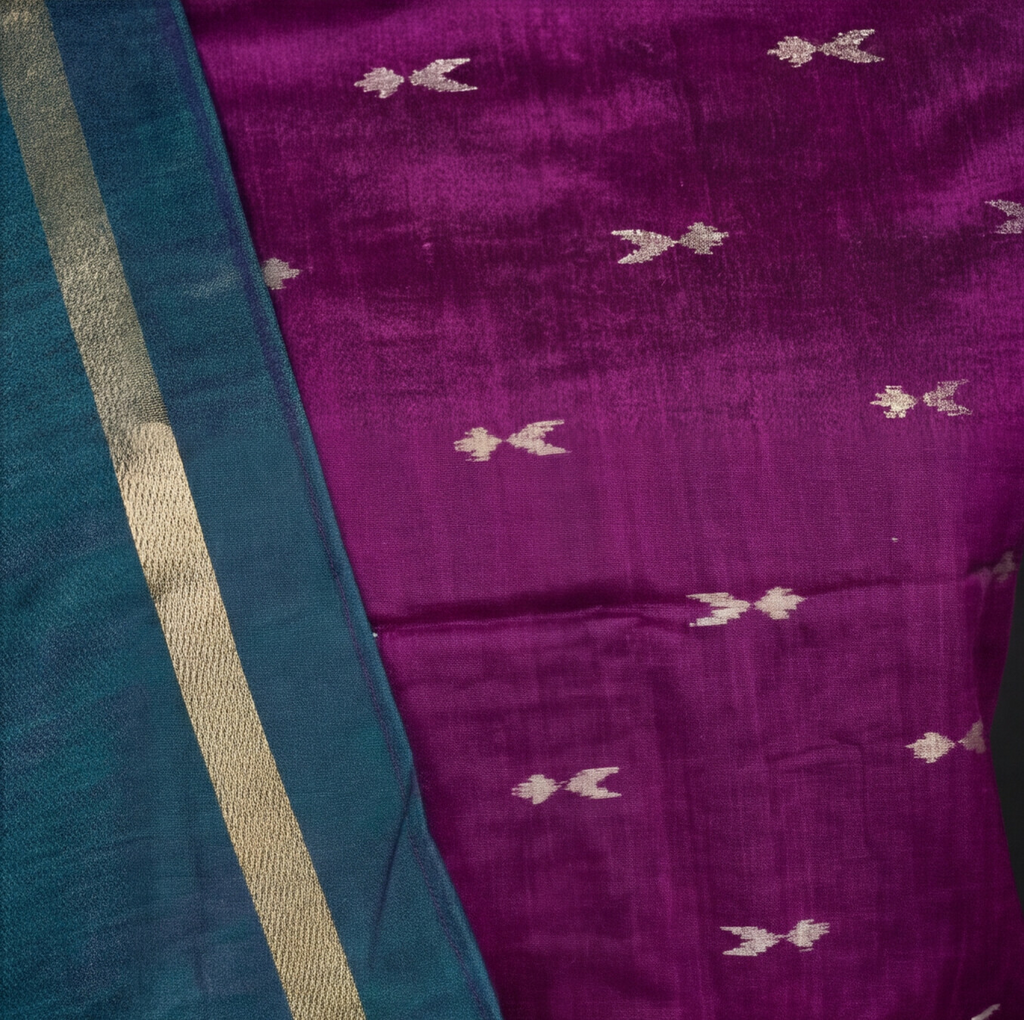 Raw Silk Motif Chudi Material - Magenta & Teal Blue