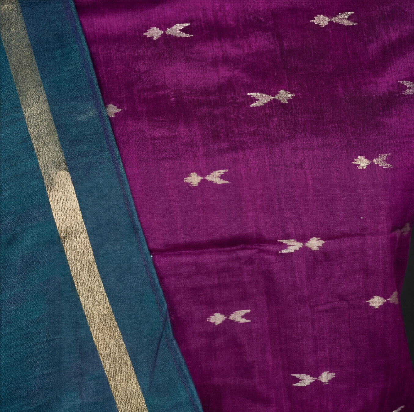 Raw Silk Motif Chudi Material - Magenta & Teal Blue