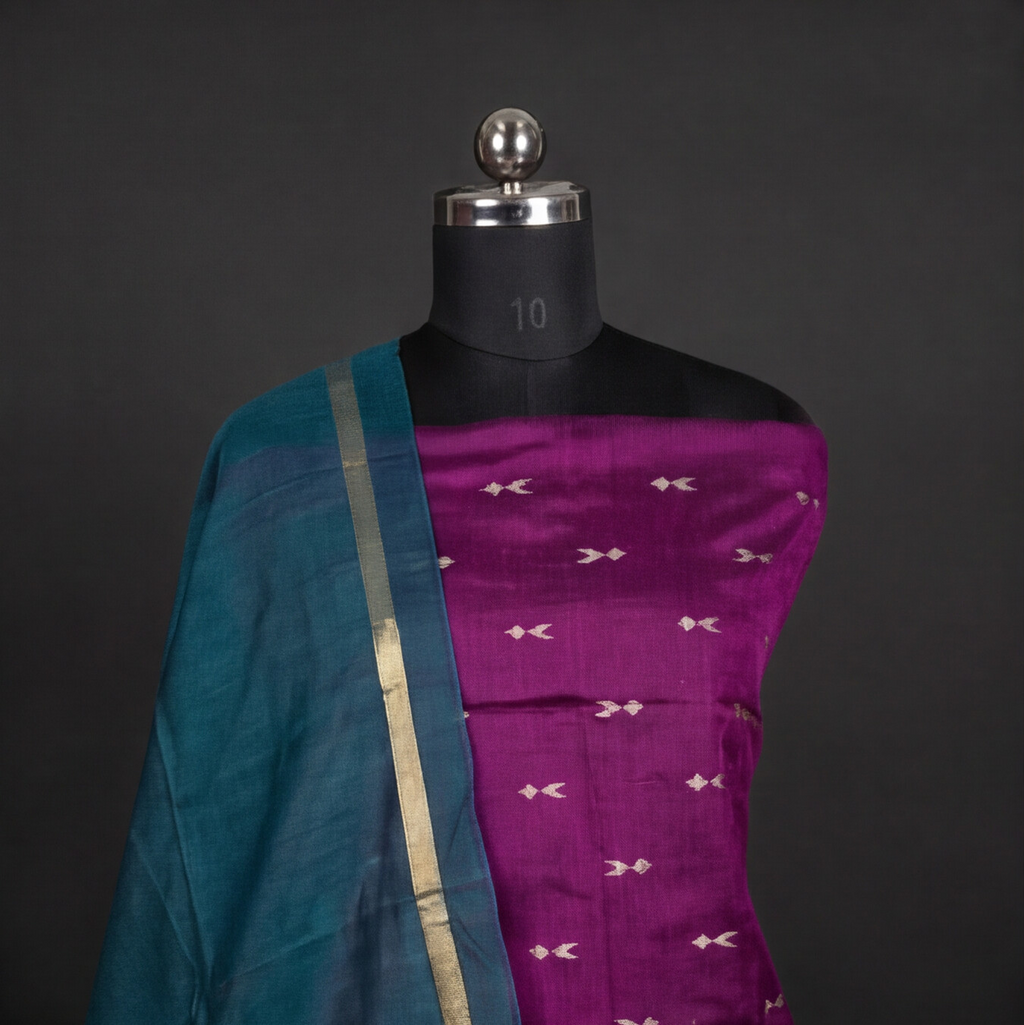 Raw Silk Motif Chudi Material - Magenta & Teal Blue