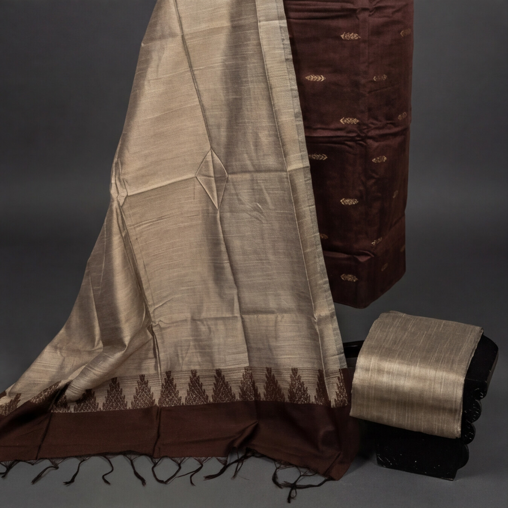 Raw Silk Butta Chudi Sets - Chocolate Brown & Beige