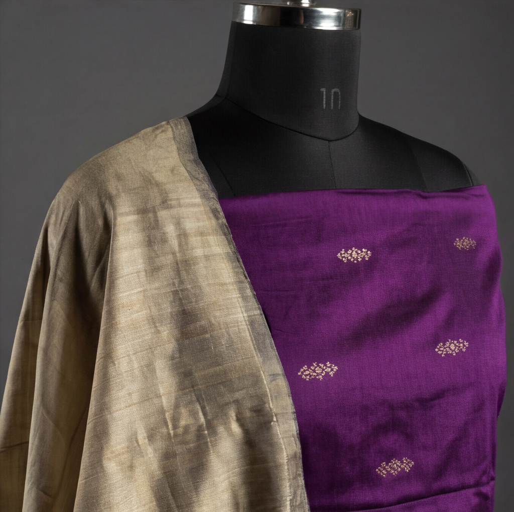 Raw Silk Butta Chudi Sets - Deep Purple & Beige