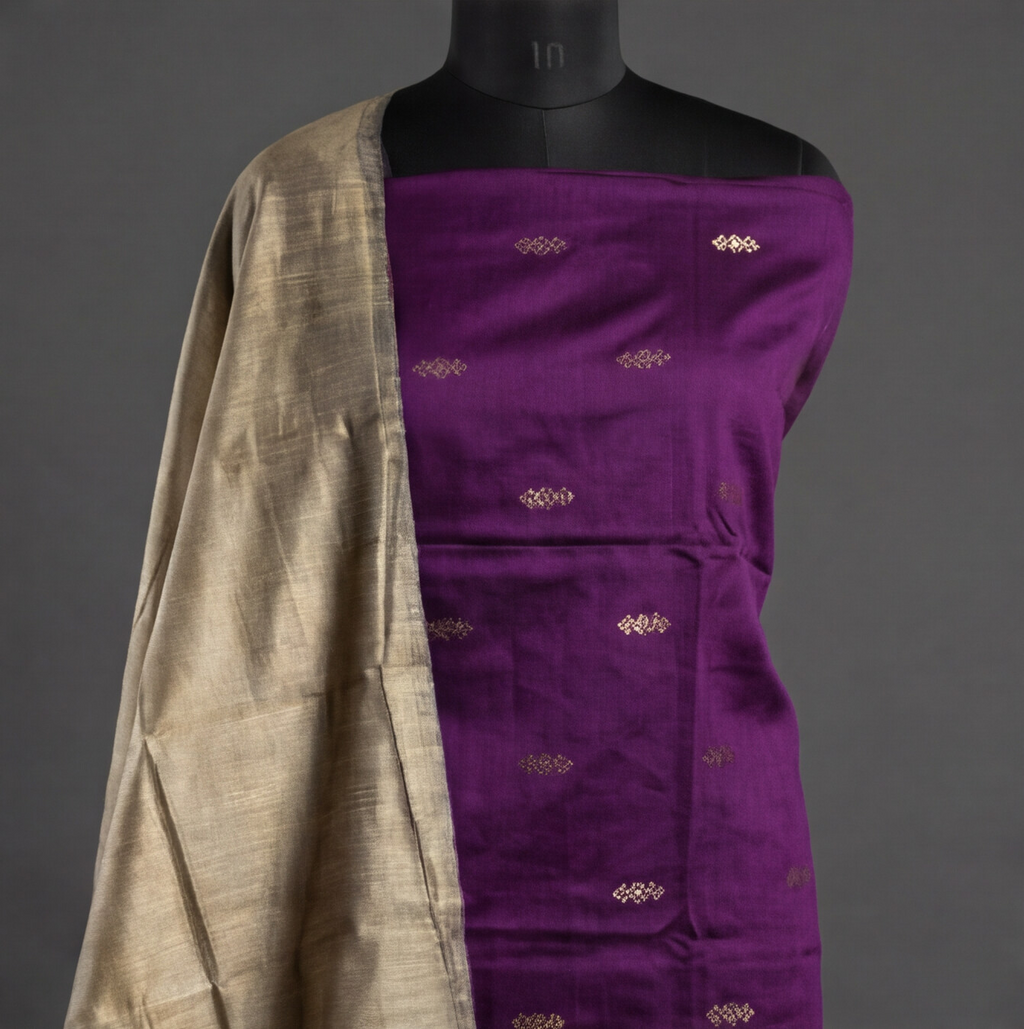 Raw Silk Butta Chudi Sets - Deep Purple & Beige