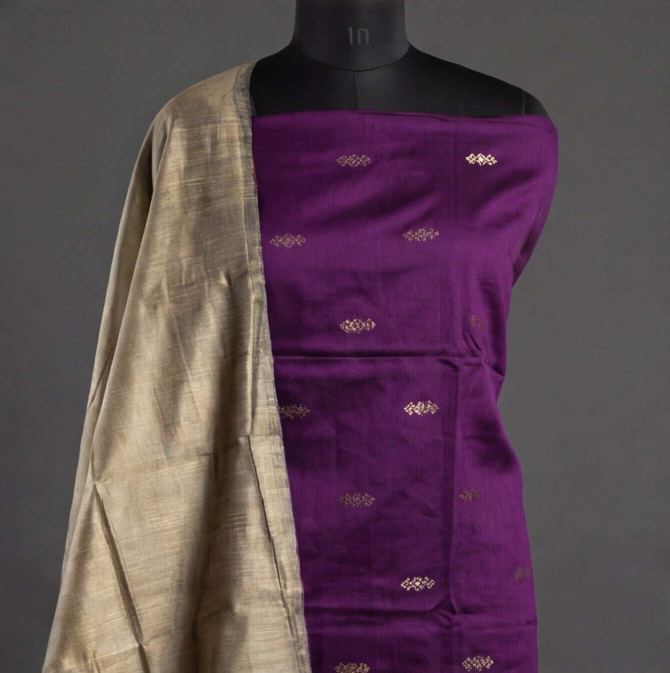 Raw Silk Butta Chudi Sets - Deep Purple & Beige