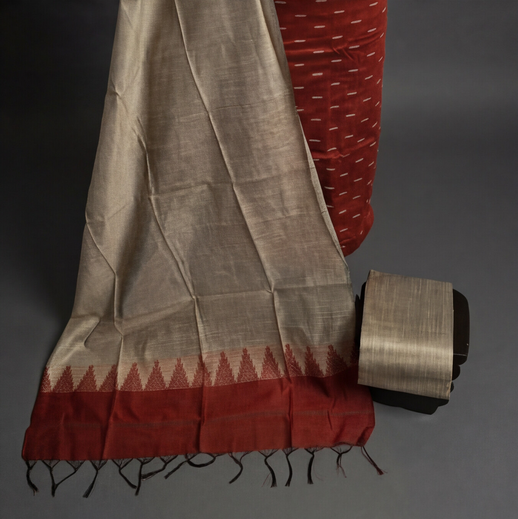 Raw Silk Butta Chudi Sets - Brick Red & Beige