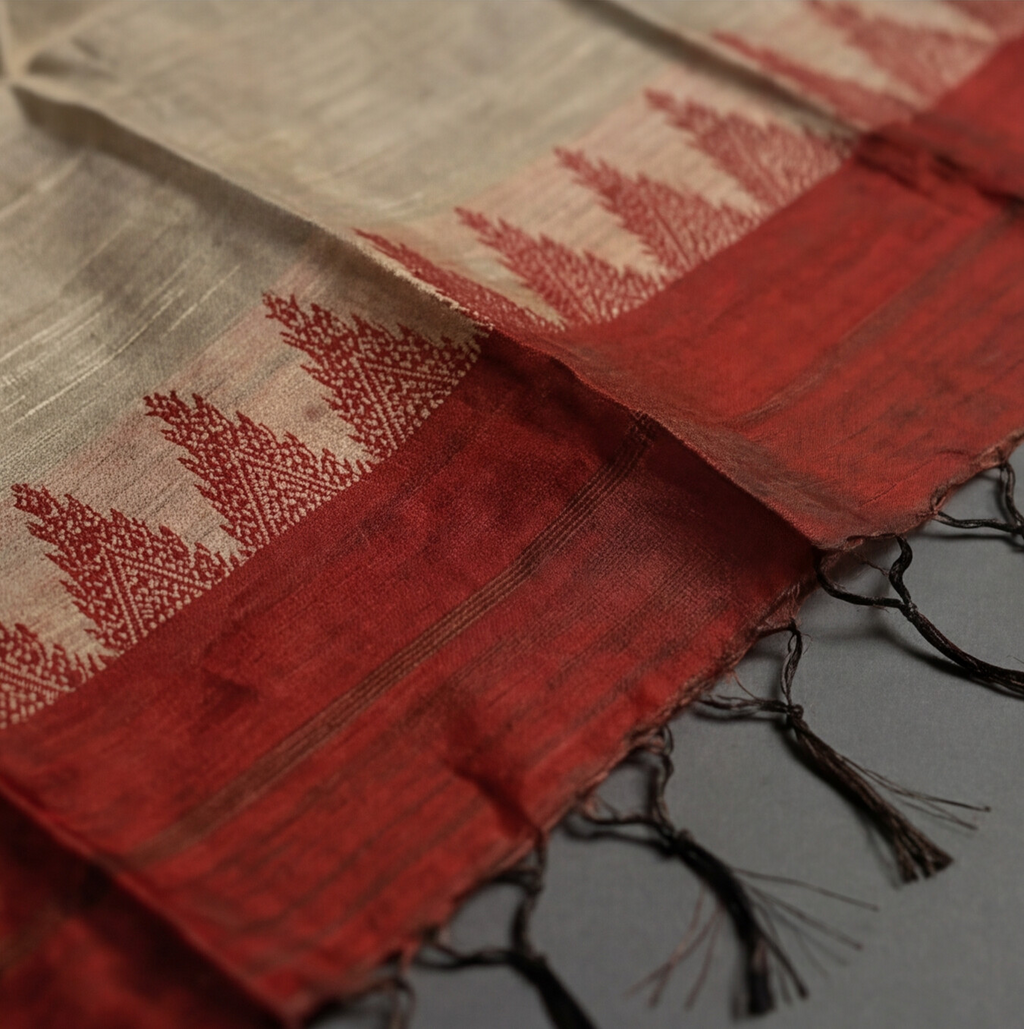 Raw Silk Butta Chudi Sets - Brick Red & Beige