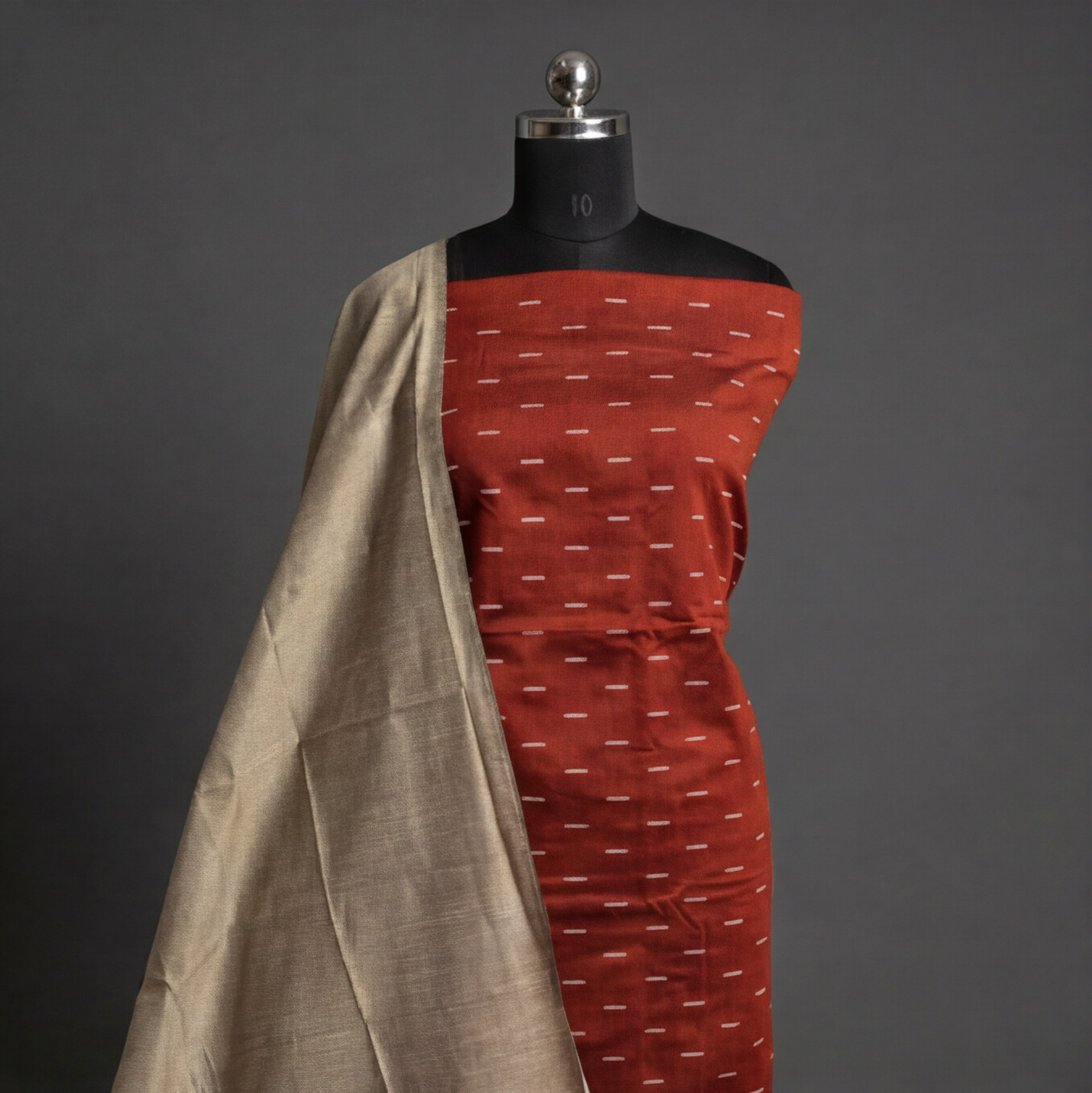 Raw Silk Butta Chudi Sets - Brick Red & Beige