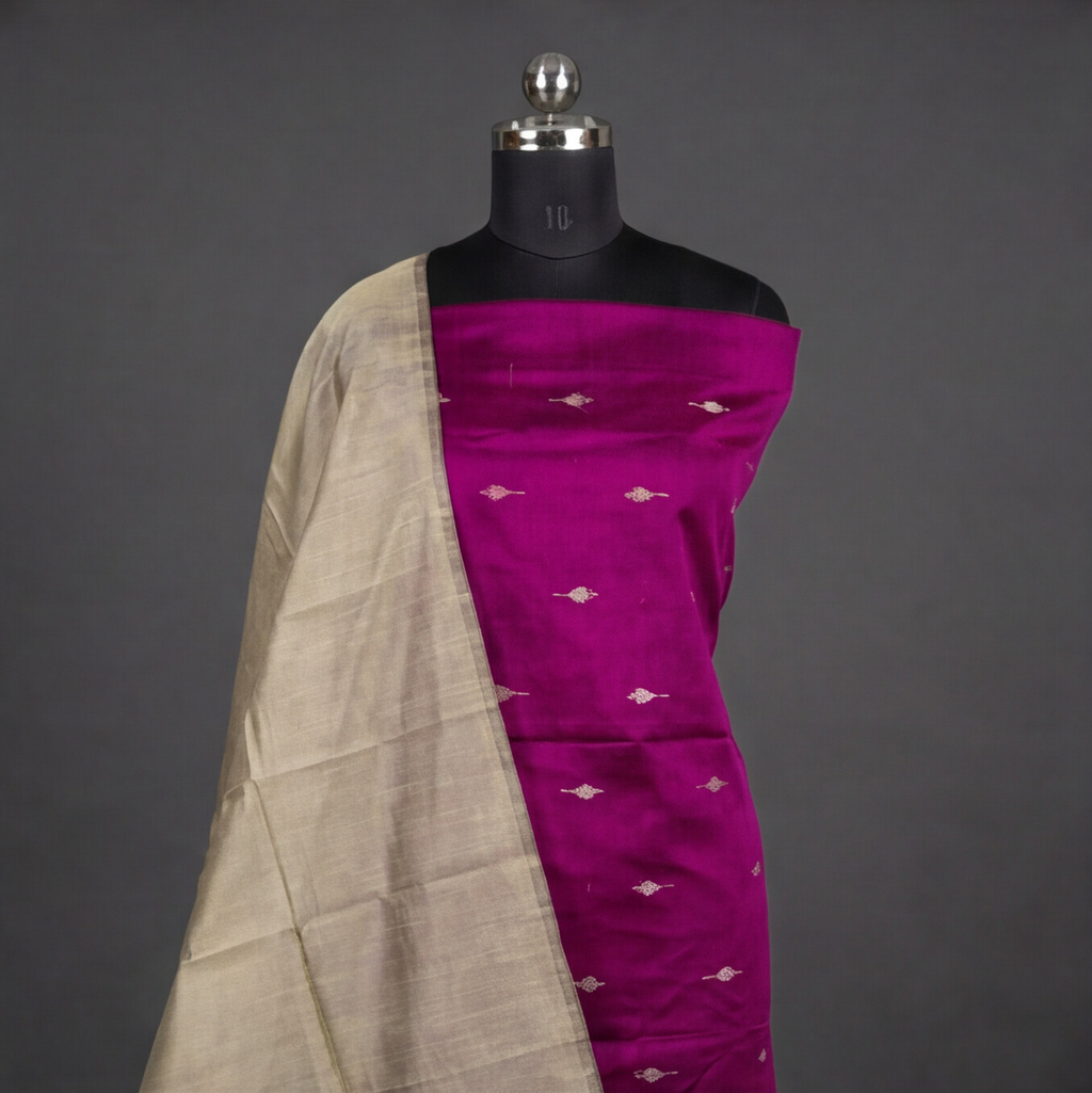 Raw Silk Butta Chudi Sets - Magenta & Beige