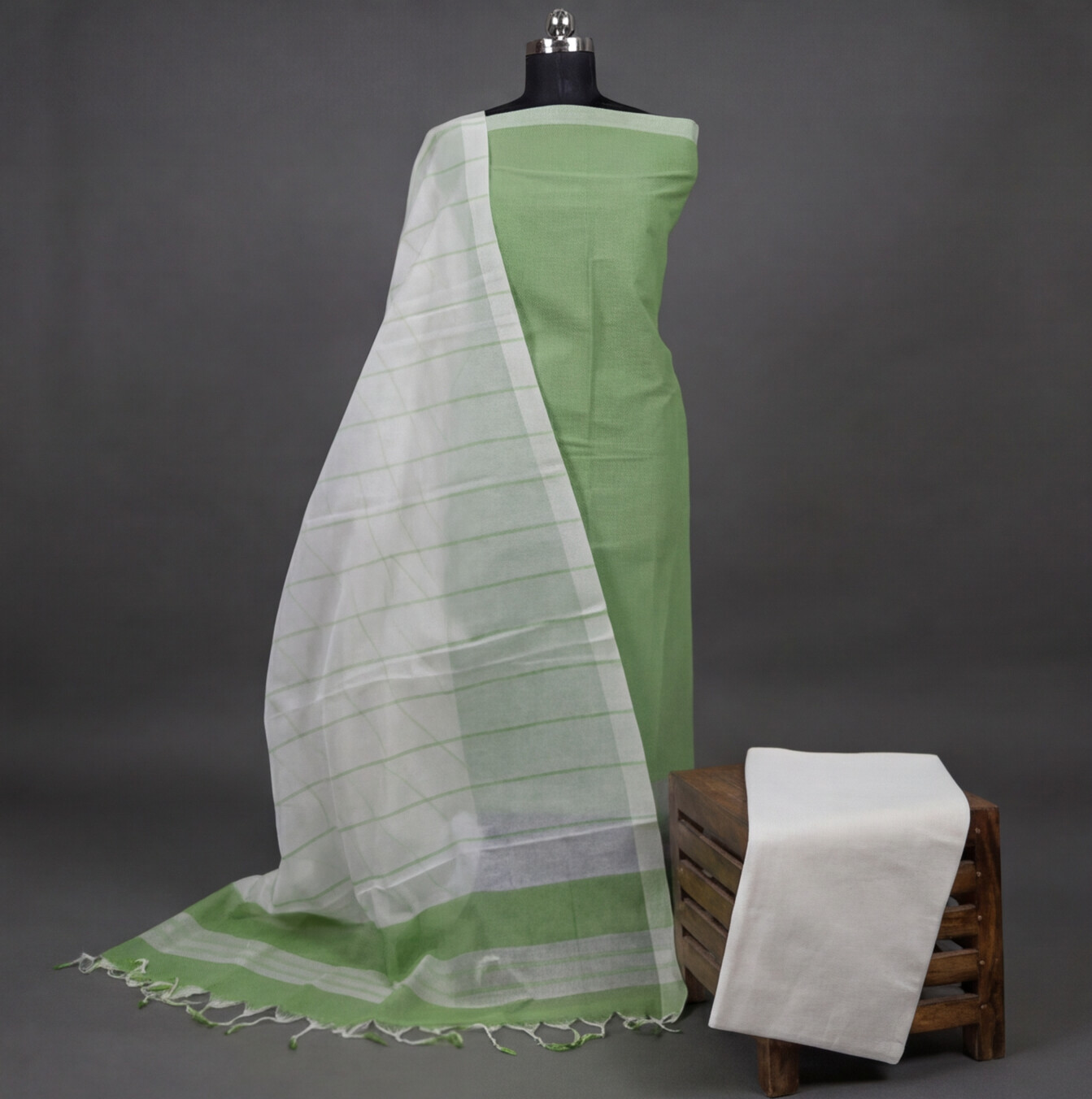Magalagiri Cotton Stripes - Leaf Green & White