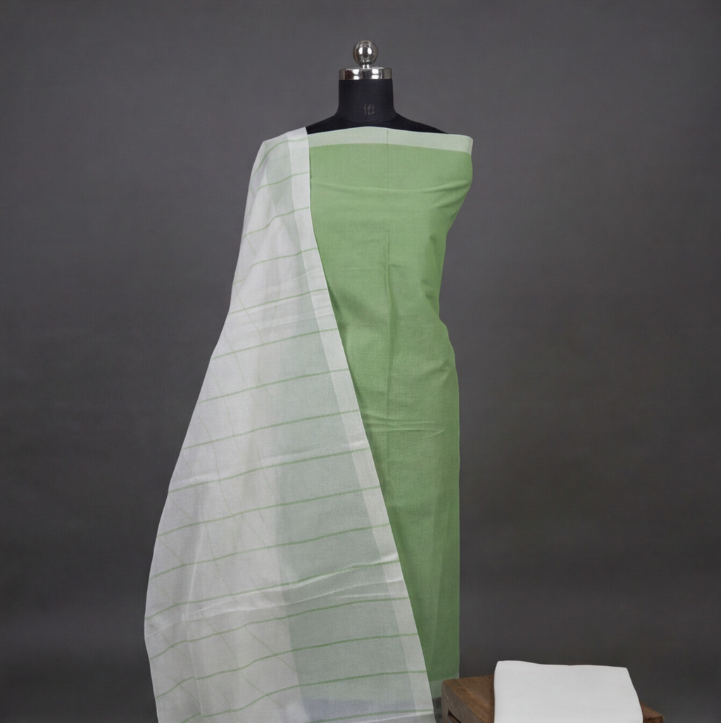 Magalagiri Cotton Stripes - Leaf Green & White
