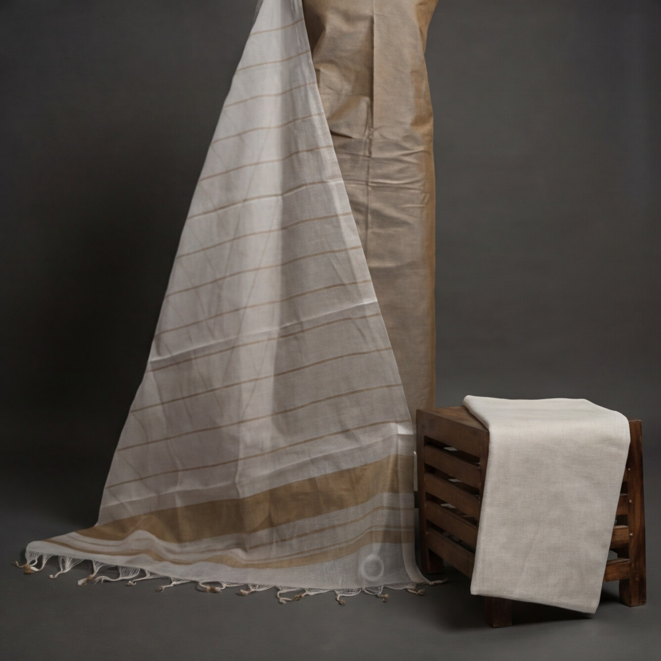 Magalagiri Cotton Stripes - Beige/Tan & White