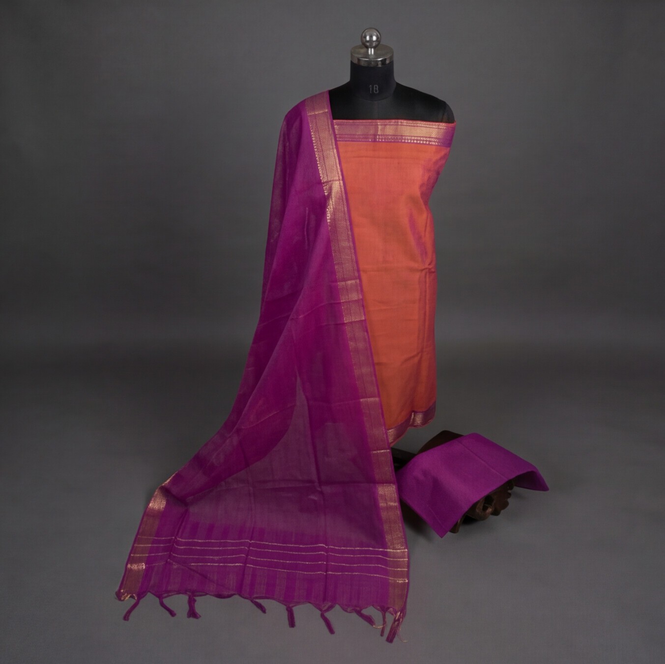 Mangalagiri Pure Cotton Zari - Peach & Magenta