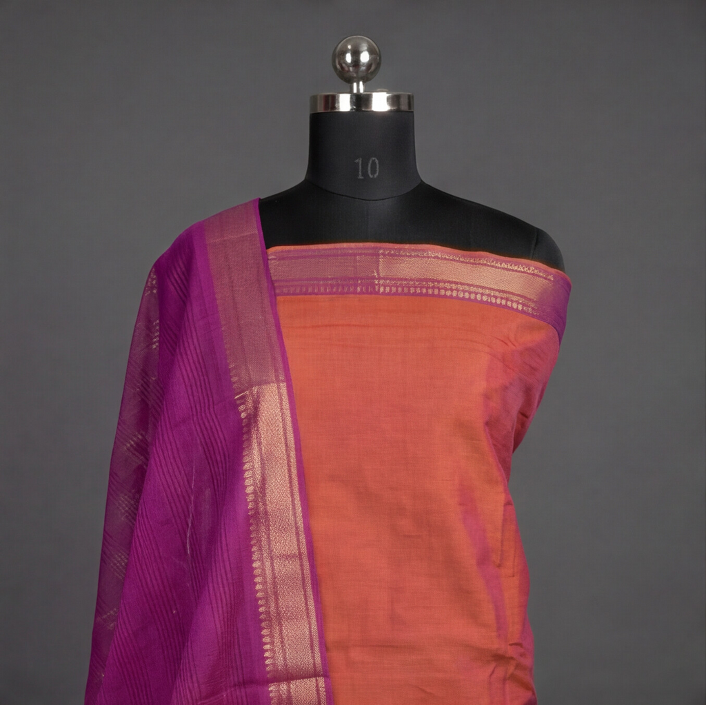 Mangalagiri Pure Cotton Zari - Peach & Magenta