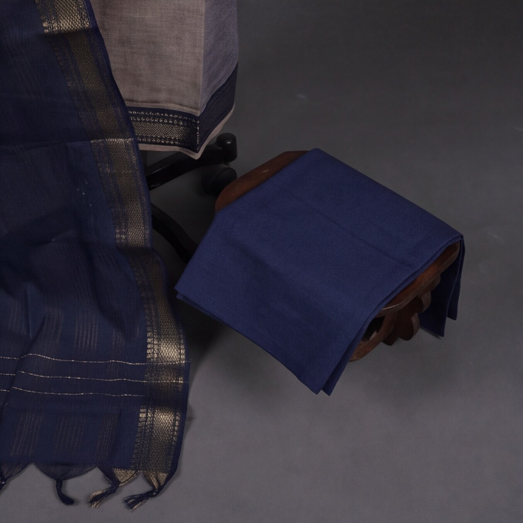 Mangalagiri Pure Cotton Zari - Beige & Navy