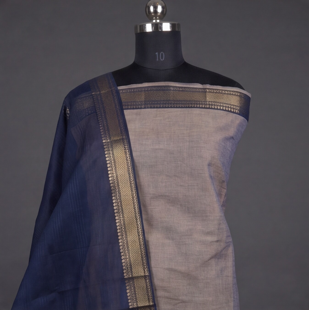 Mangalagiri Pure Cotton Zari - Beige & Navy