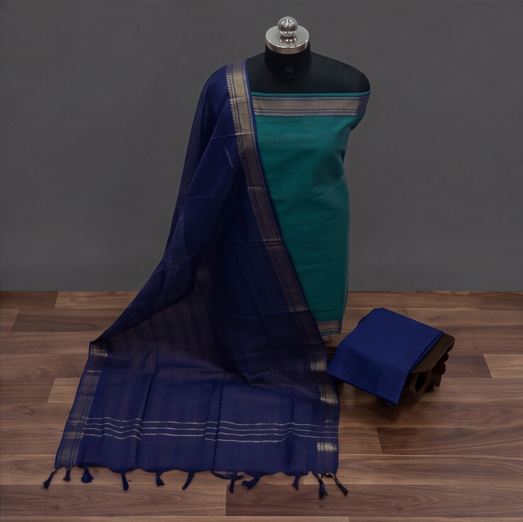 Mangalagiri Pure Cotton Zari - Teal Green & Navy