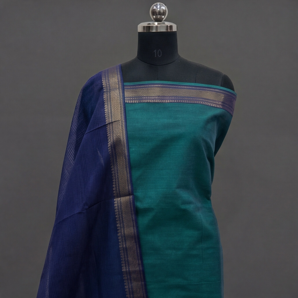 Mangalagiri Pure Cotton Zari - Teal Green & Navy
