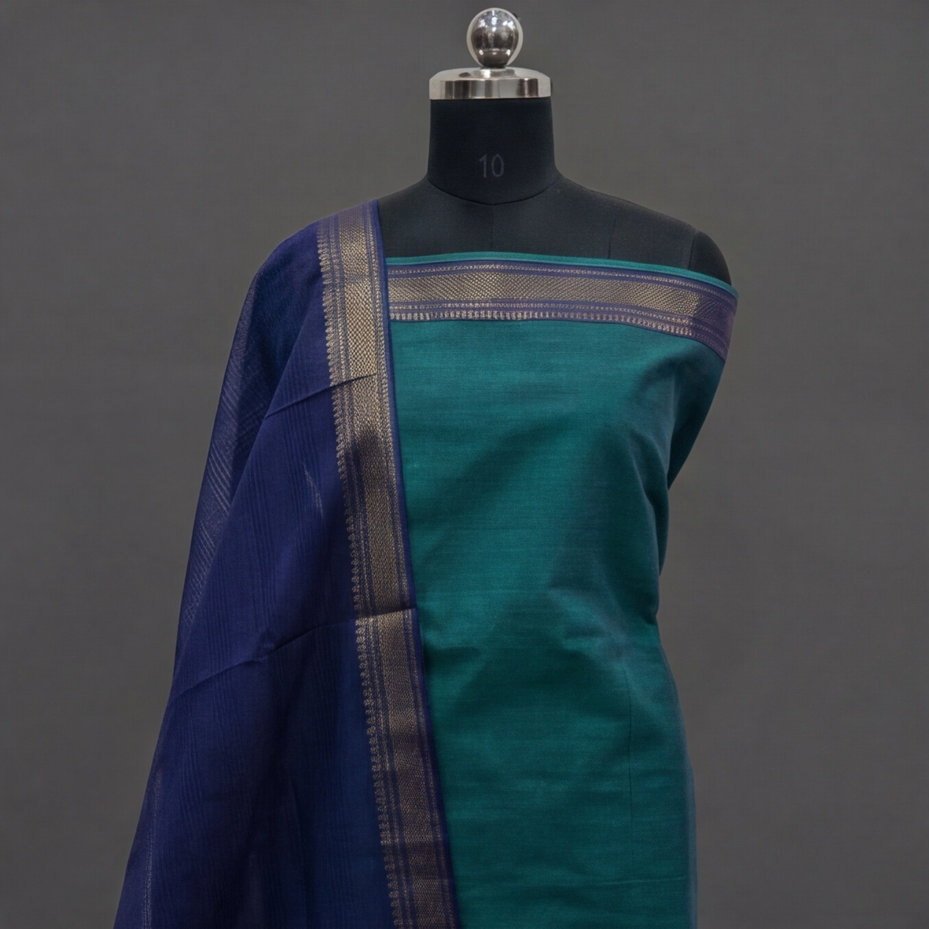 Mangalagiri Pure Cotton Zari - Teal Green & Navy