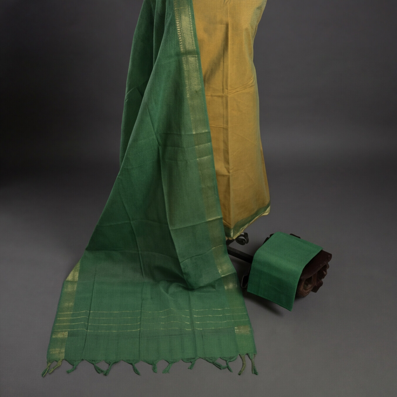 Mangalagiri Pure Cotton Zari - Mustard Yellow & Olive Green