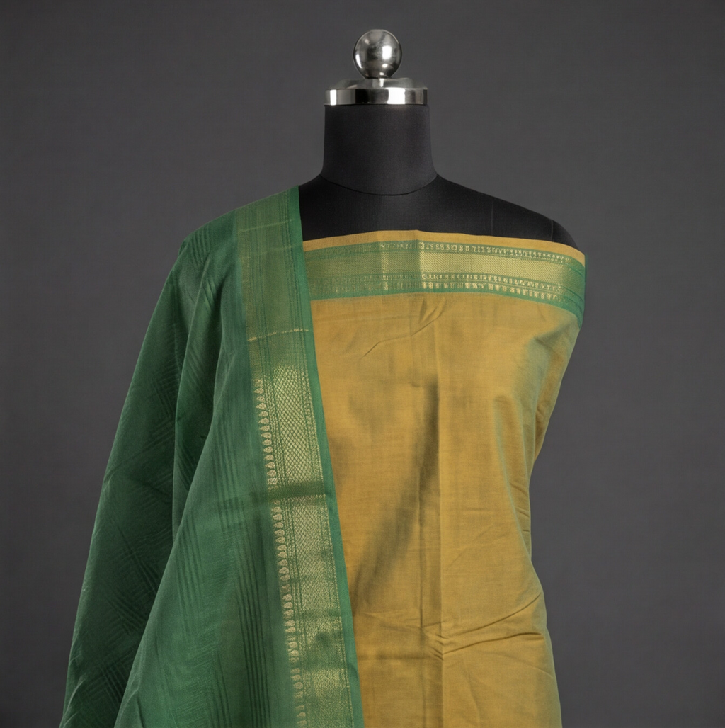 Mangalagiri Pure Cotton Zari - Mustard Yellow & Olive Green