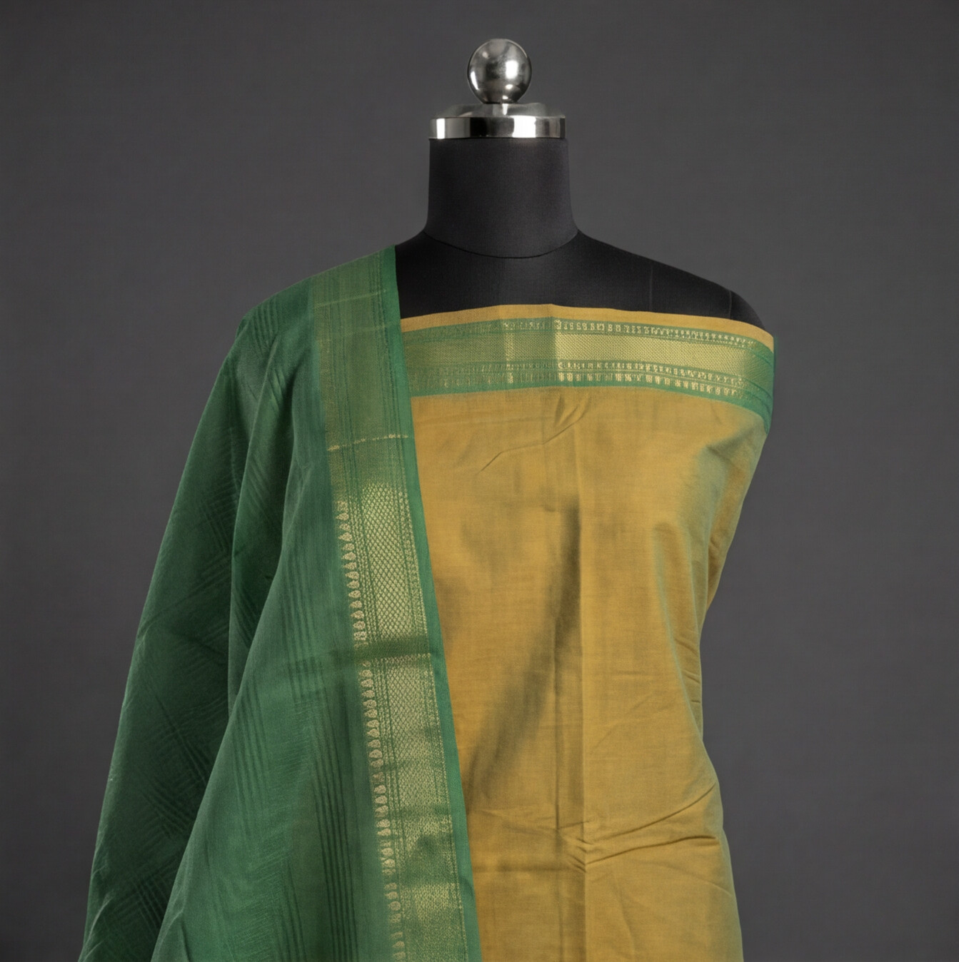 Mangalagiri Pure Cotton Zari - Mustard Yellow & Olive Green