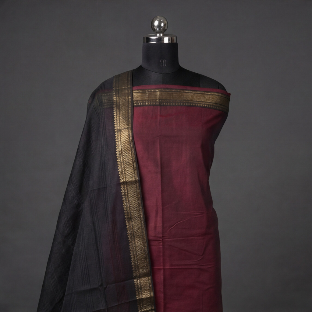 Mangalagiri Pure Cotton Zari - Maroon & Black