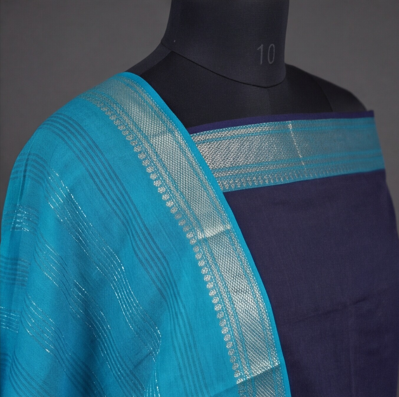 Mangalagiri Pure Cotton Zari - Navy Blue & Sky Blue