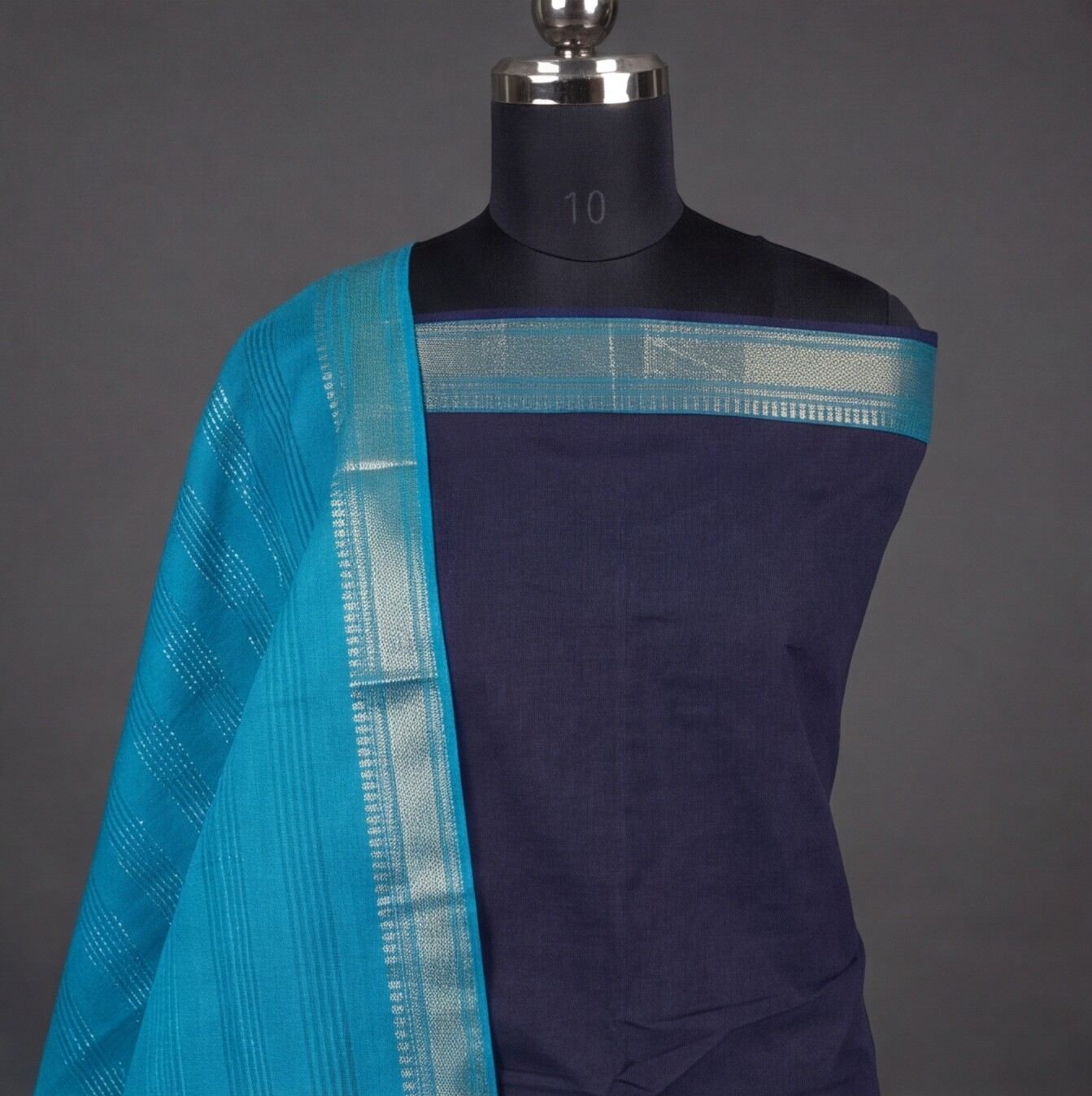 Mangalagiri Pure Cotton Zari - Navy Blue & Sky Blue