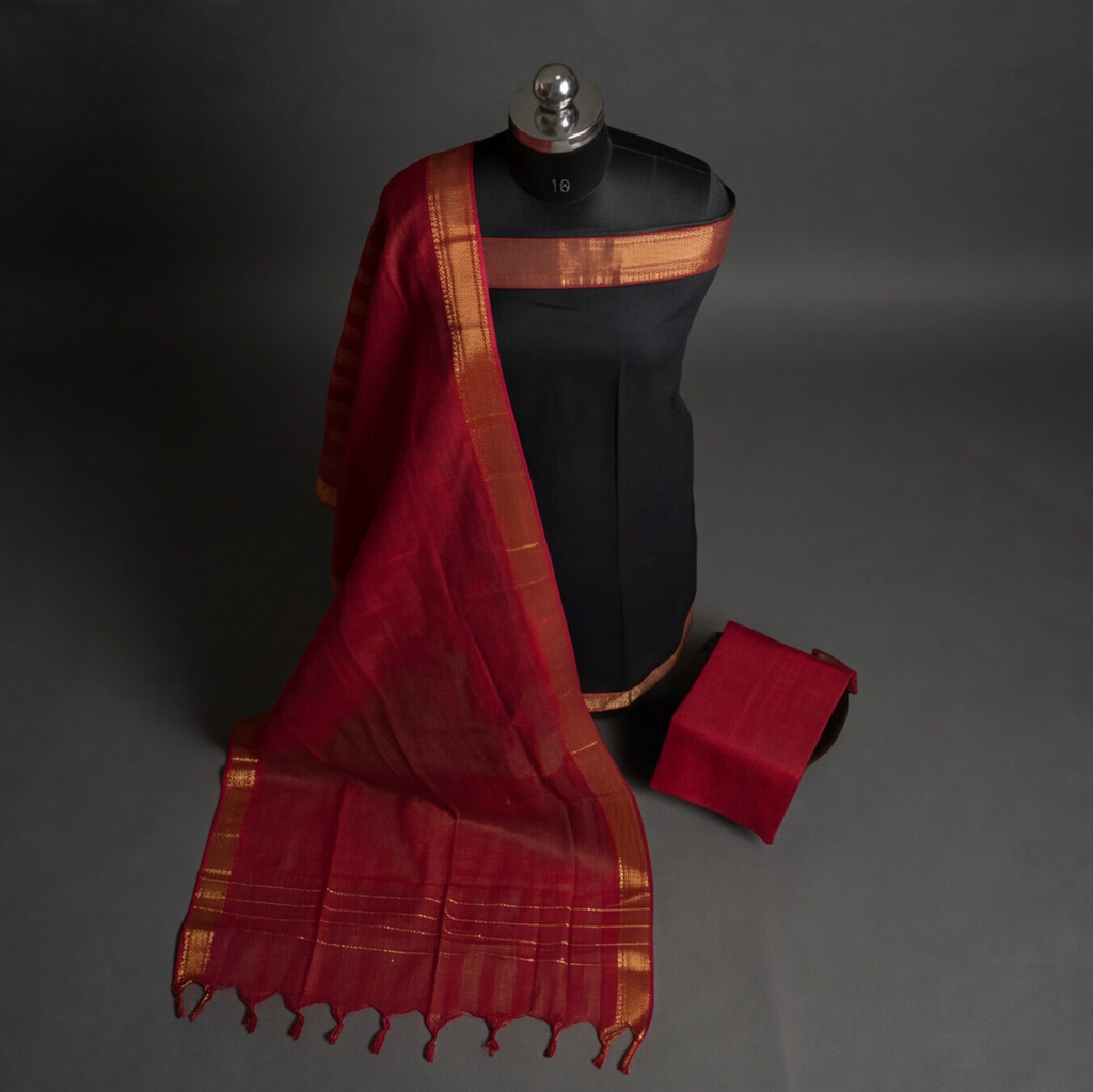 Mangalagiri Pure Cotton Zari - Jet Black & Crimson Red