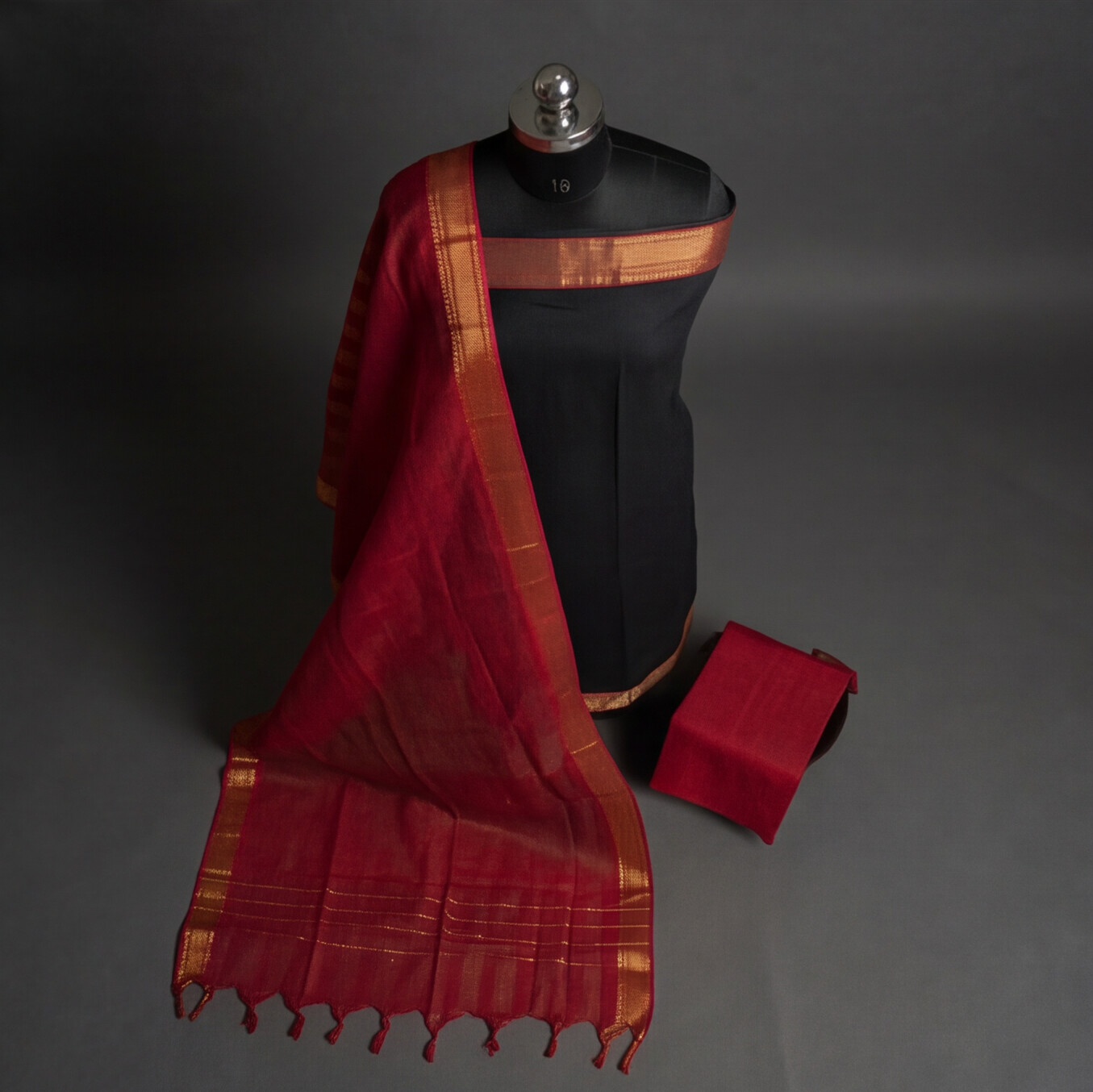 Mangalagiri Pure Cotton Zari - Jet Black & Crimson Red