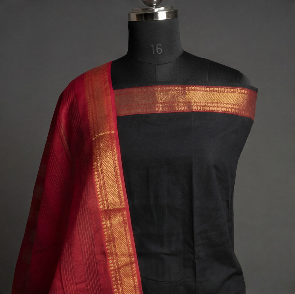 Mangalagiri Pure Cotton Zari - Jet Black & Crimson Red
