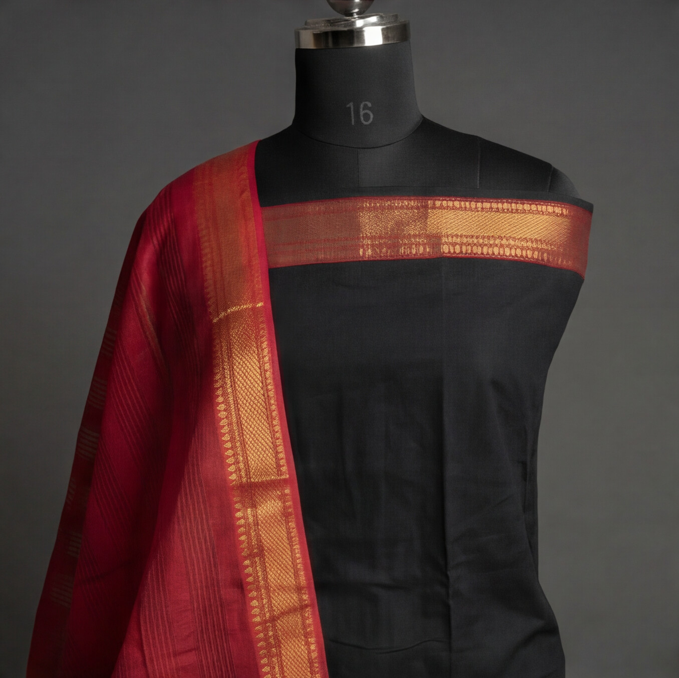 Mangalagiri Pure Cotton Zari - Jet Black & Crimson Red