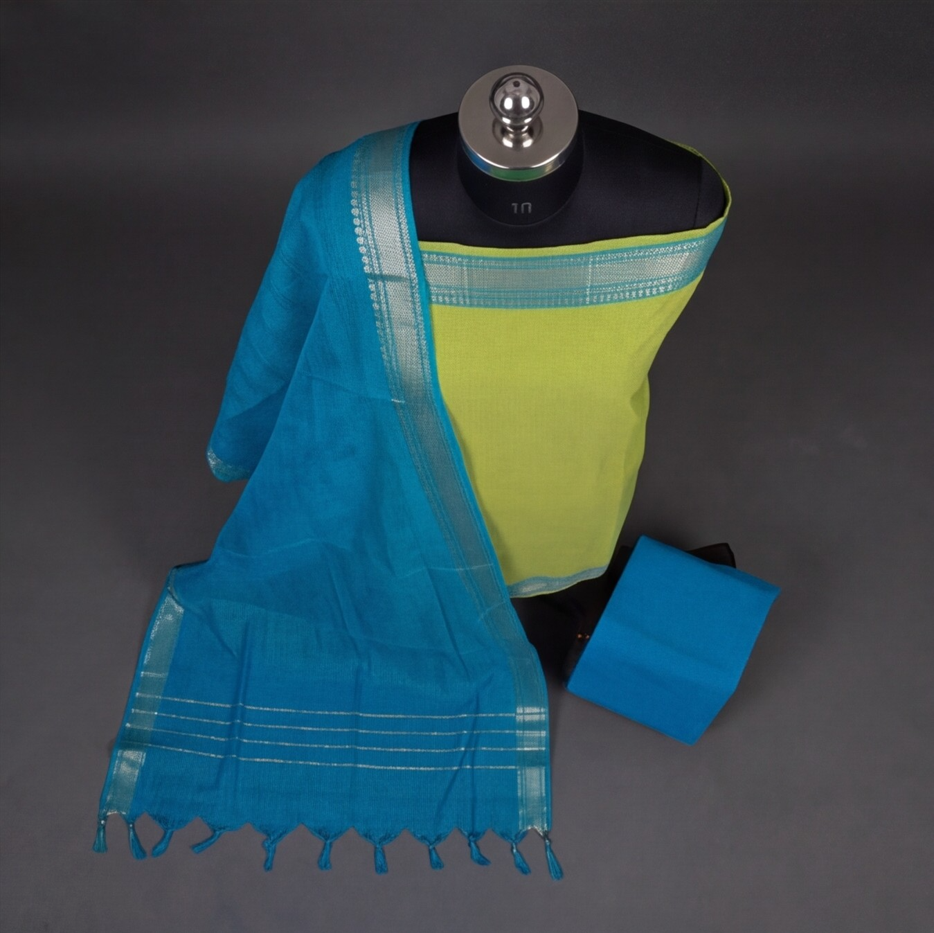 Mangalagiri Pure Cotton Zari - Lime Green & Sky Blue
