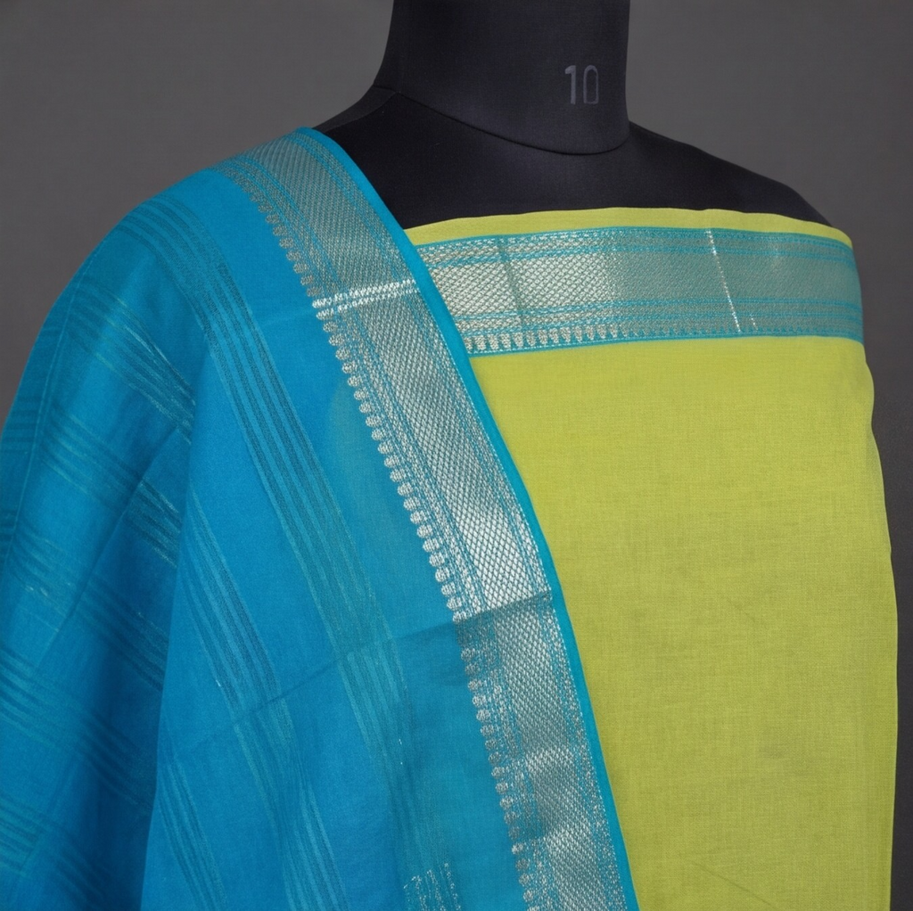 Mangalagiri Pure Cotton Zari - Lime Green & Sky Blue