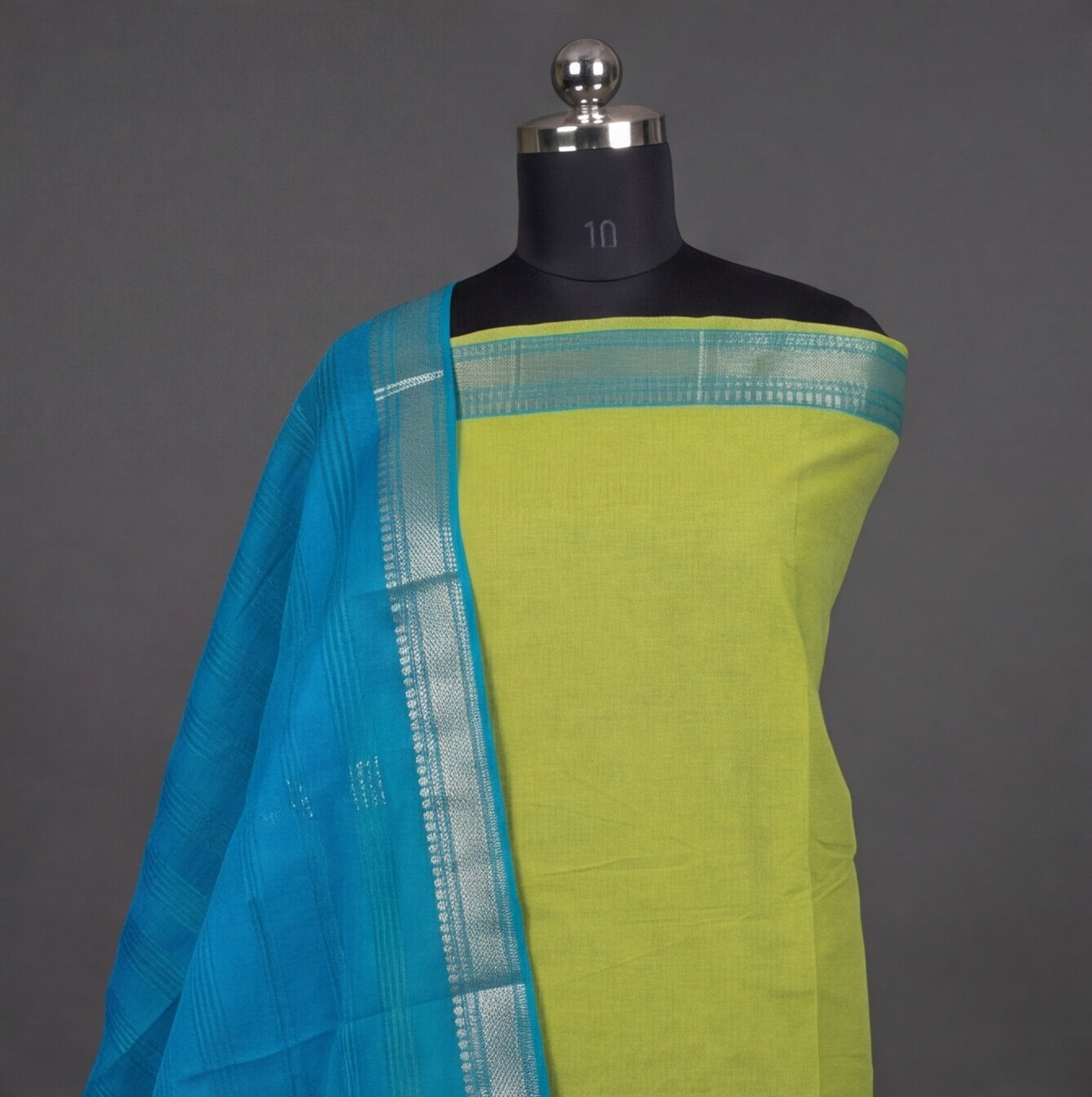 Mangalagiri Pure Cotton Zari - Lime Green & Sky Blue