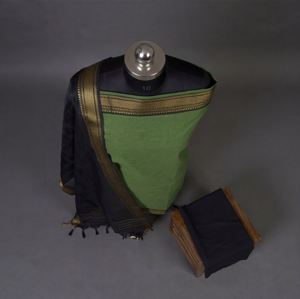 Mangalagiri Pure Cotton Zari - Olive Green & Black
